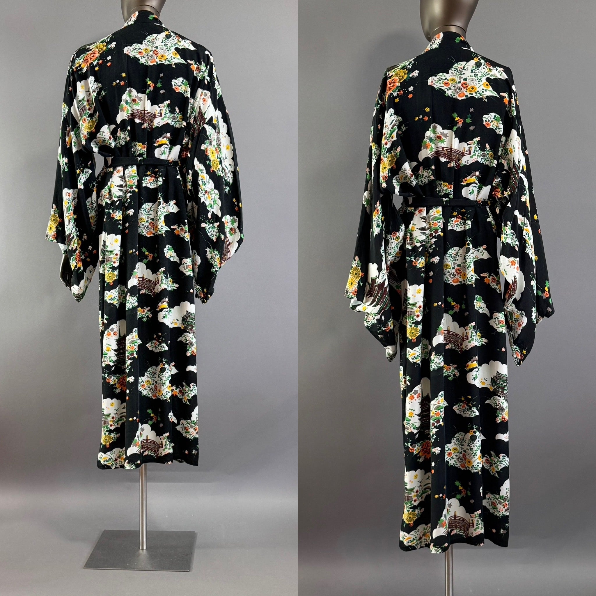 Vintage 1940's Dressing Gown Kimono Robe Floral Temple Motif on Black
