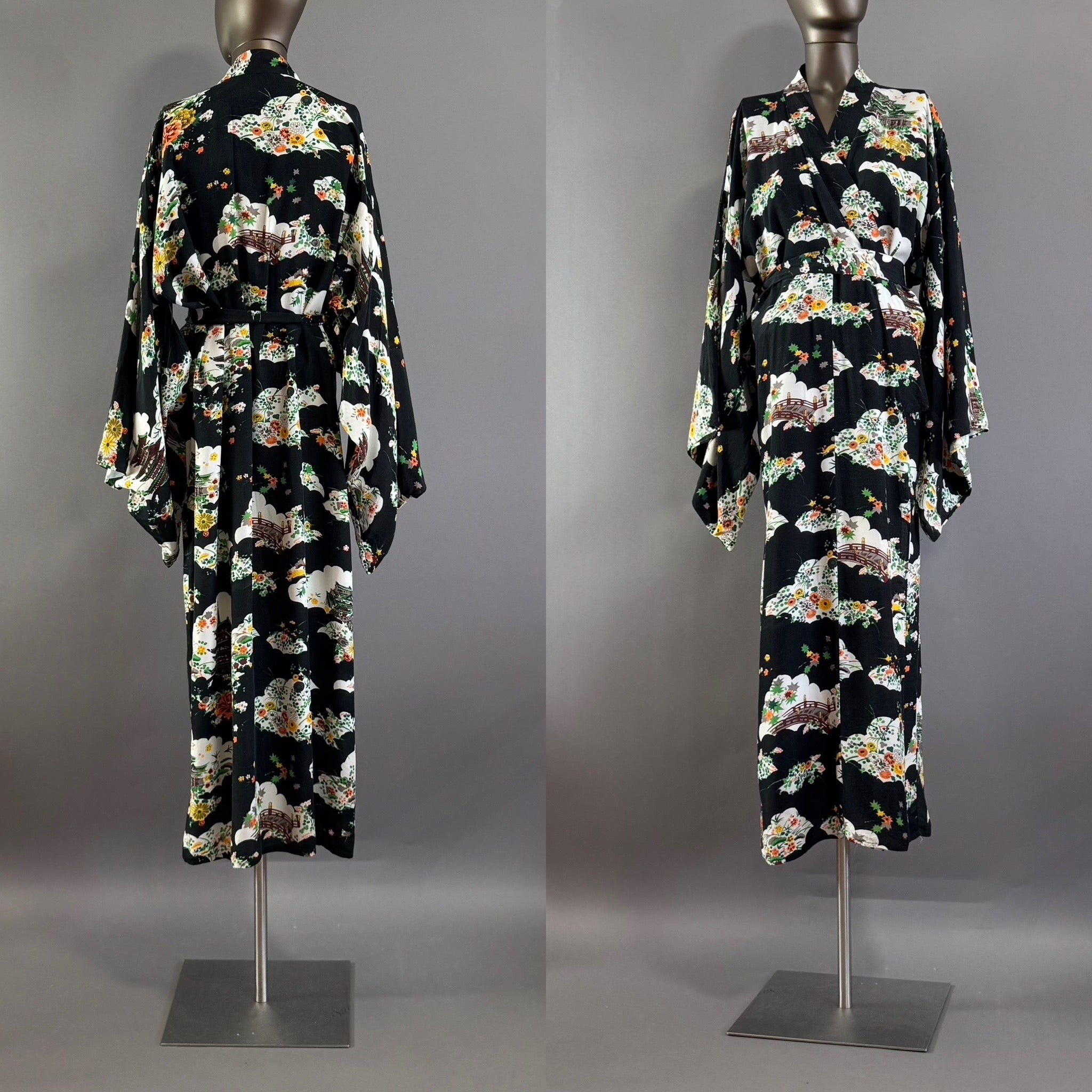 Vintage 1940's Dressing Gown Kimono Robe Floral Temple Motif on Black