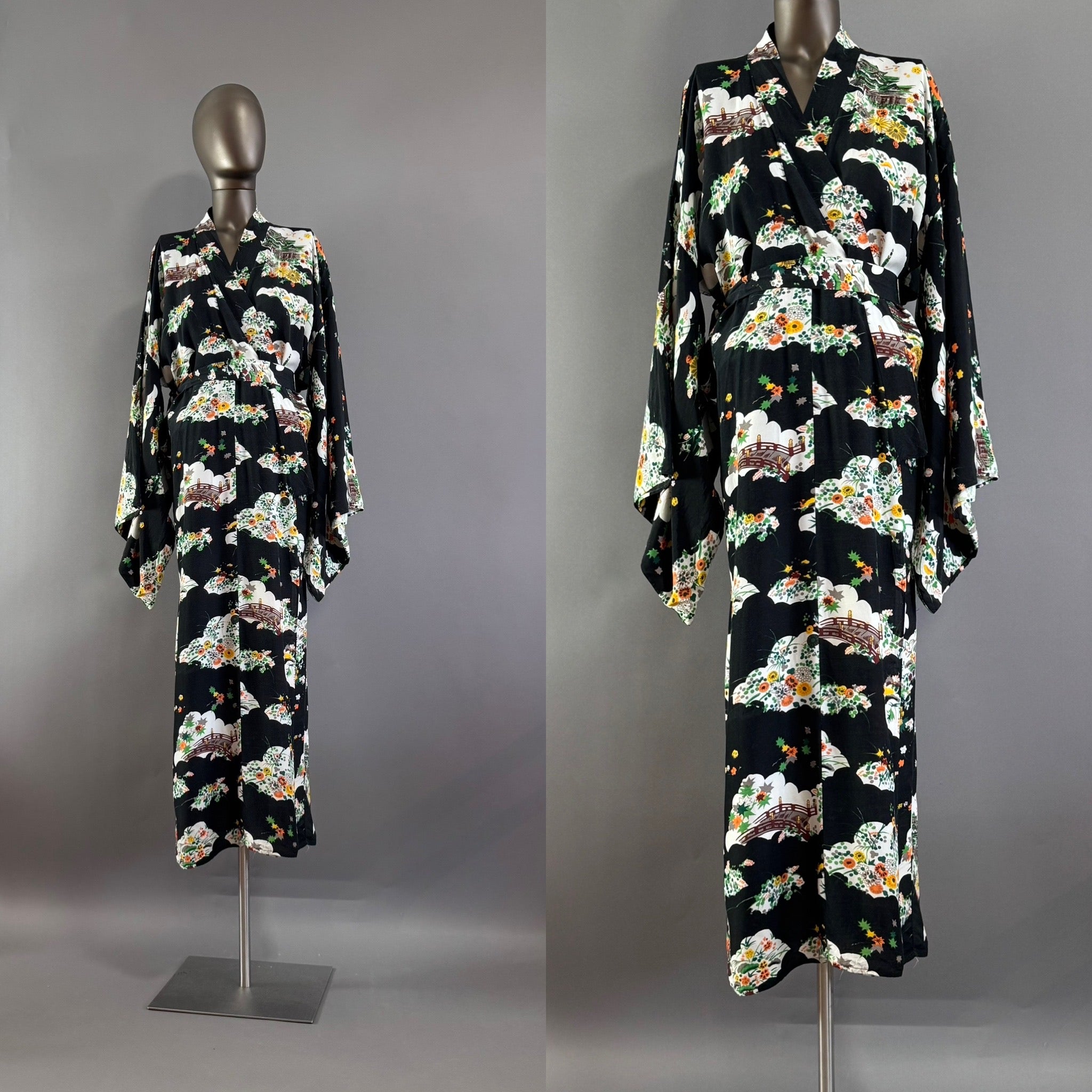 Vintage 1940's Dressing Gown Kimono Robe Floral Temple Motif on Black