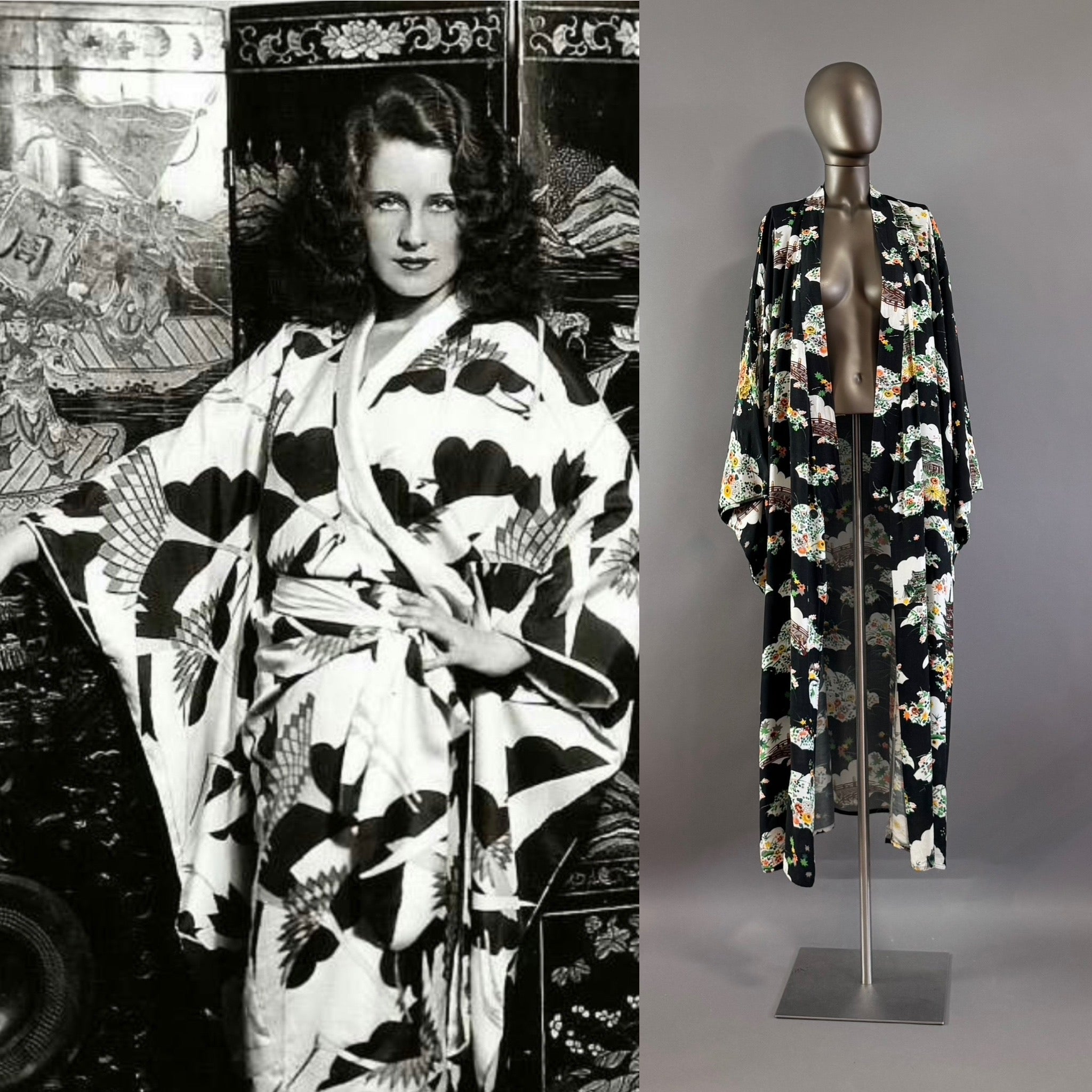 Vintage 1940's Dressing Gown Kimono Robe Floral Temple Motif on Black