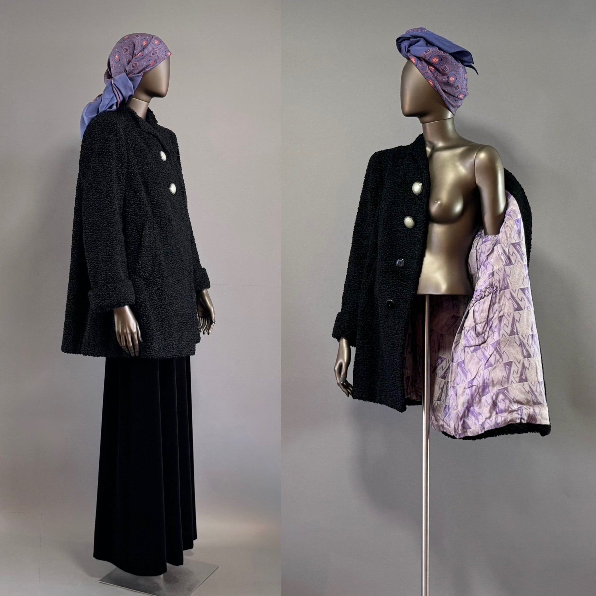 Vintage 1930's Black Wool Faux Fur Astrakhan Persian Curly Lamb Art Deco Jazz Age Jacket Coat