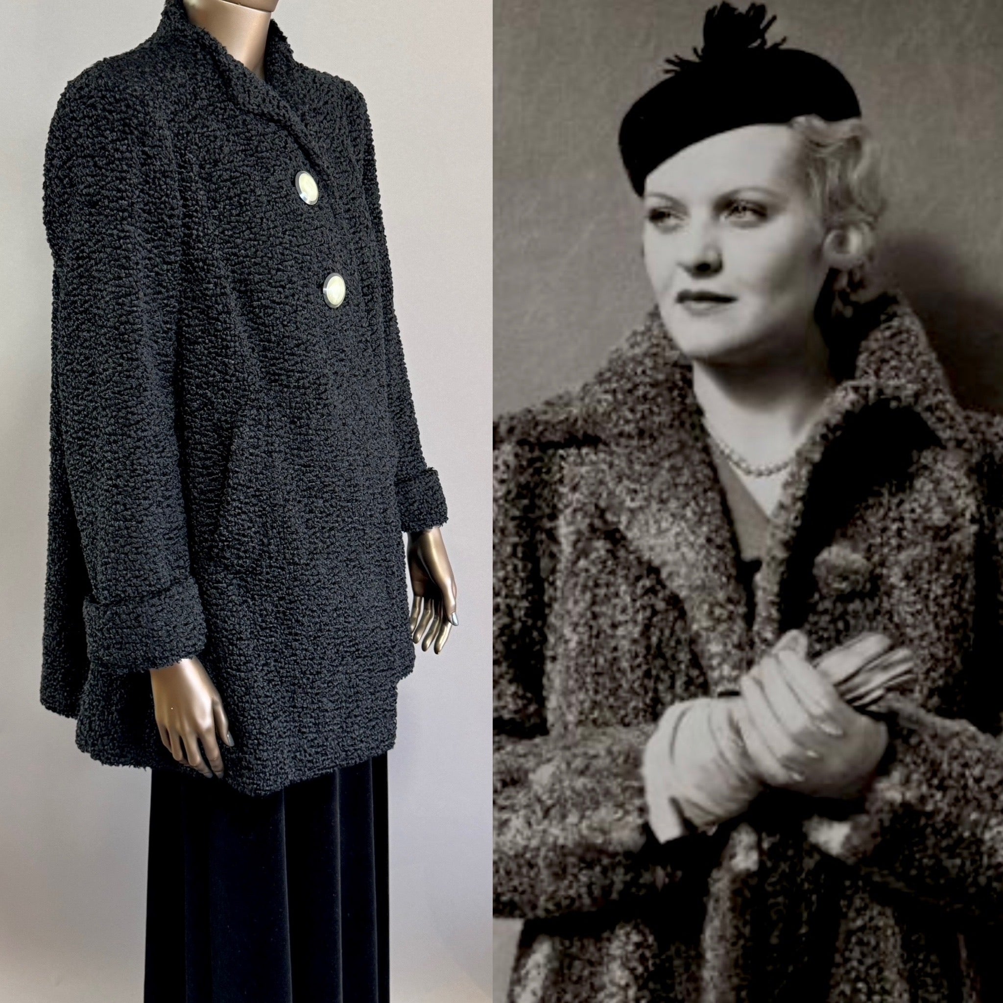 Vintage 1930's Black Wool Faux Fur Astrakhan Persian Curly Lamb Art Deco Jazz Age Jacket Coat