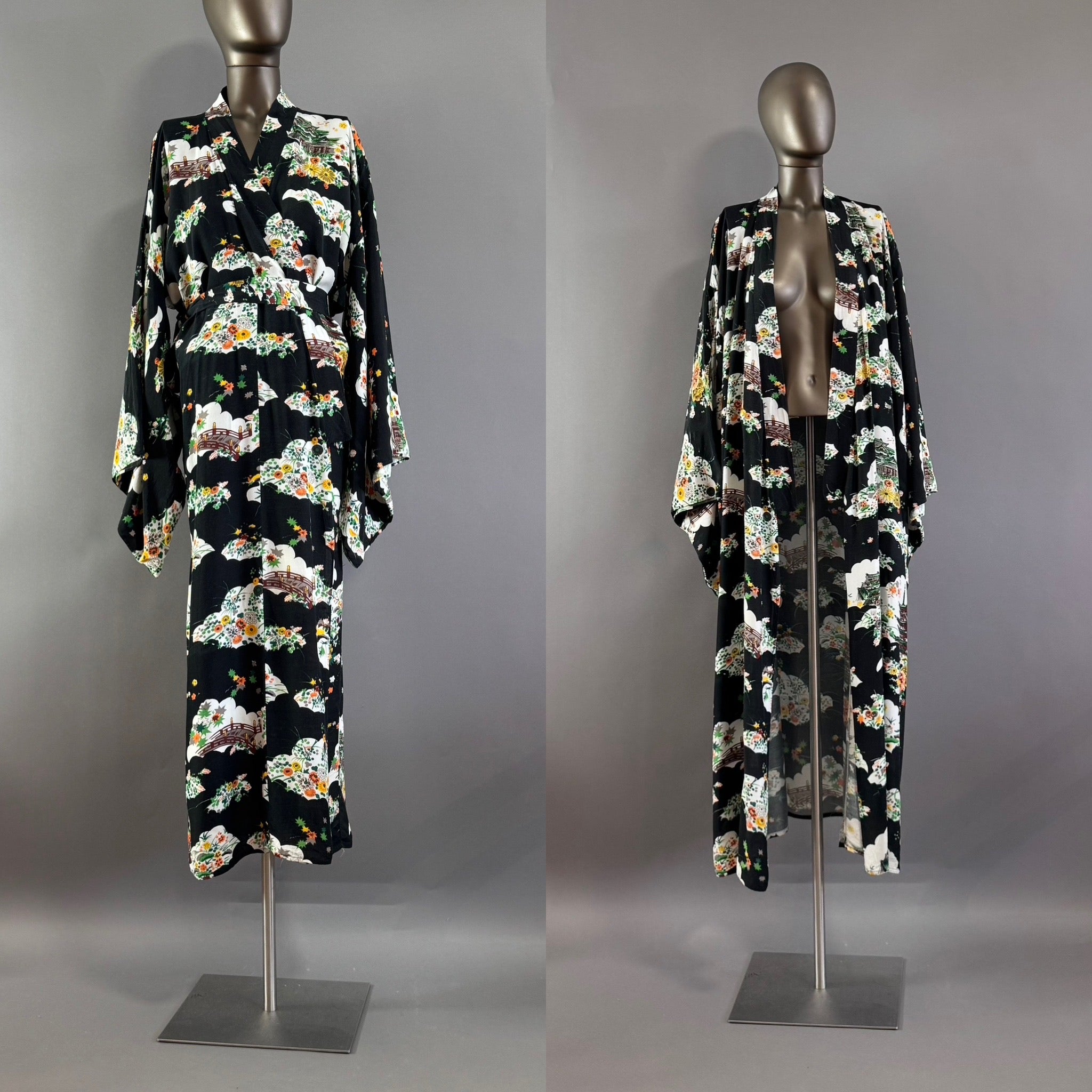 Vintage 1940's Dressing Gown Kimono Robe Floral Temple Motif on Black