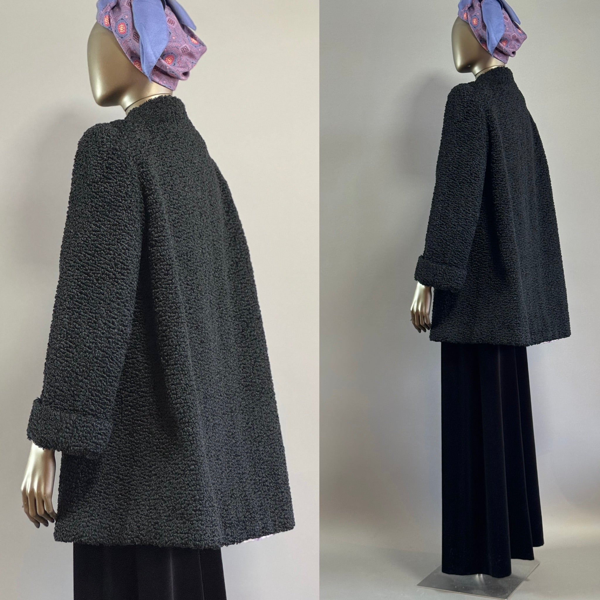 Vintage 1930's Black Wool Faux Fur Astrakhan Persian Curly Lamb Art Deco Jazz Age Jacket Coat