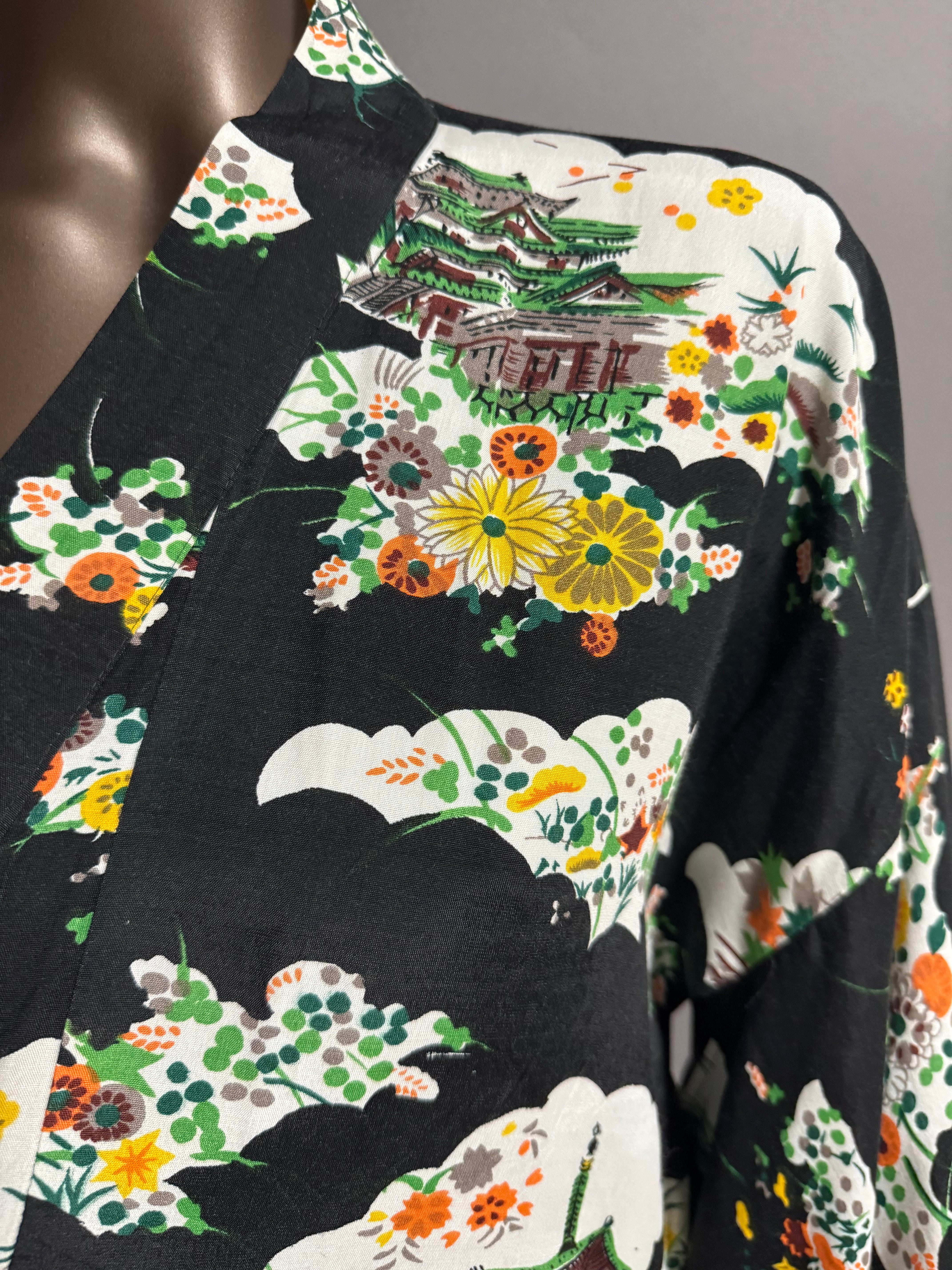 Vintage 1940's Dressing Gown Kimono Robe Floral Temple Motif on Black