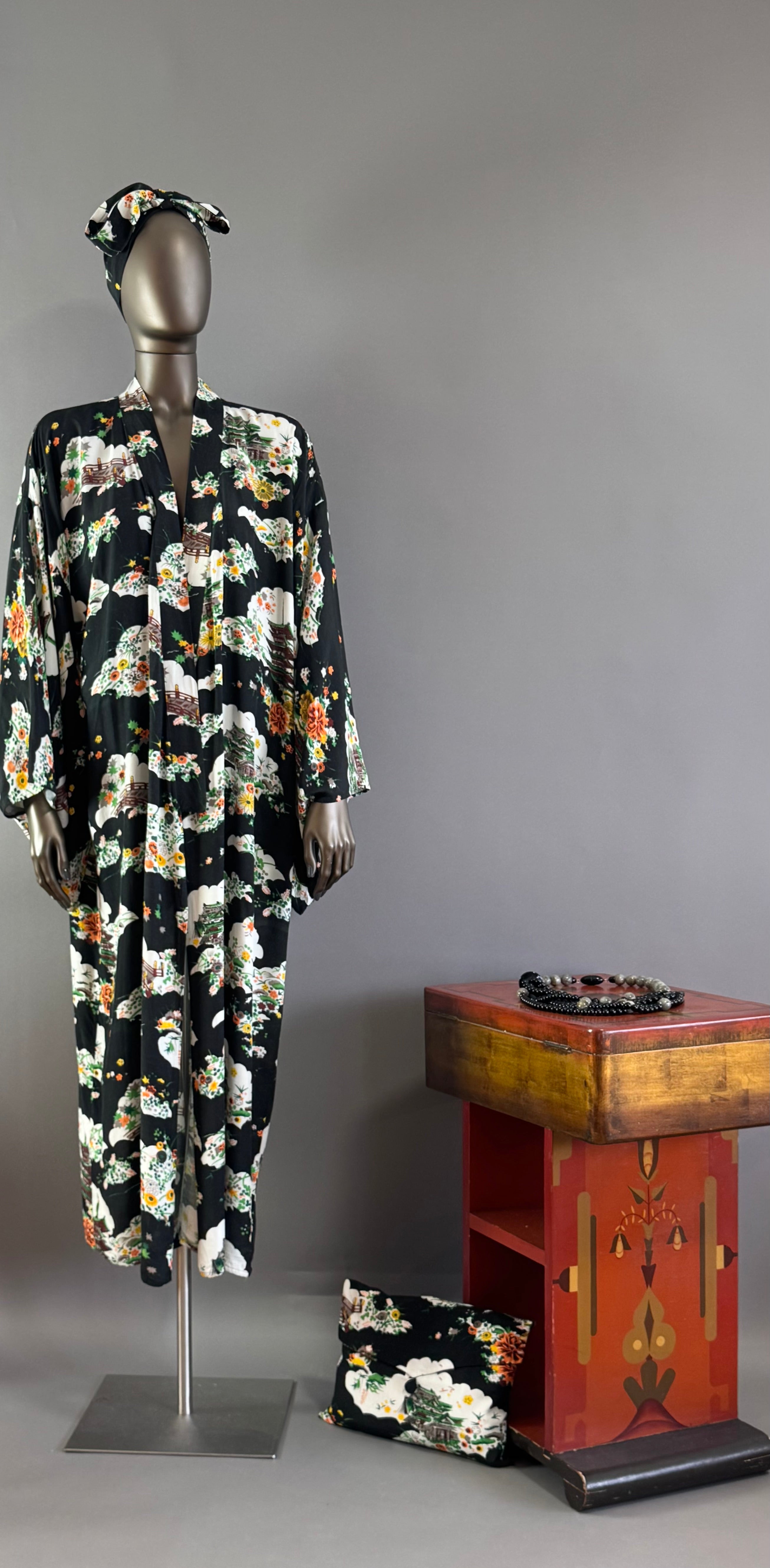 Vintage 1940's Dressing Gown Kimono Robe Floral Temple Motif on Black