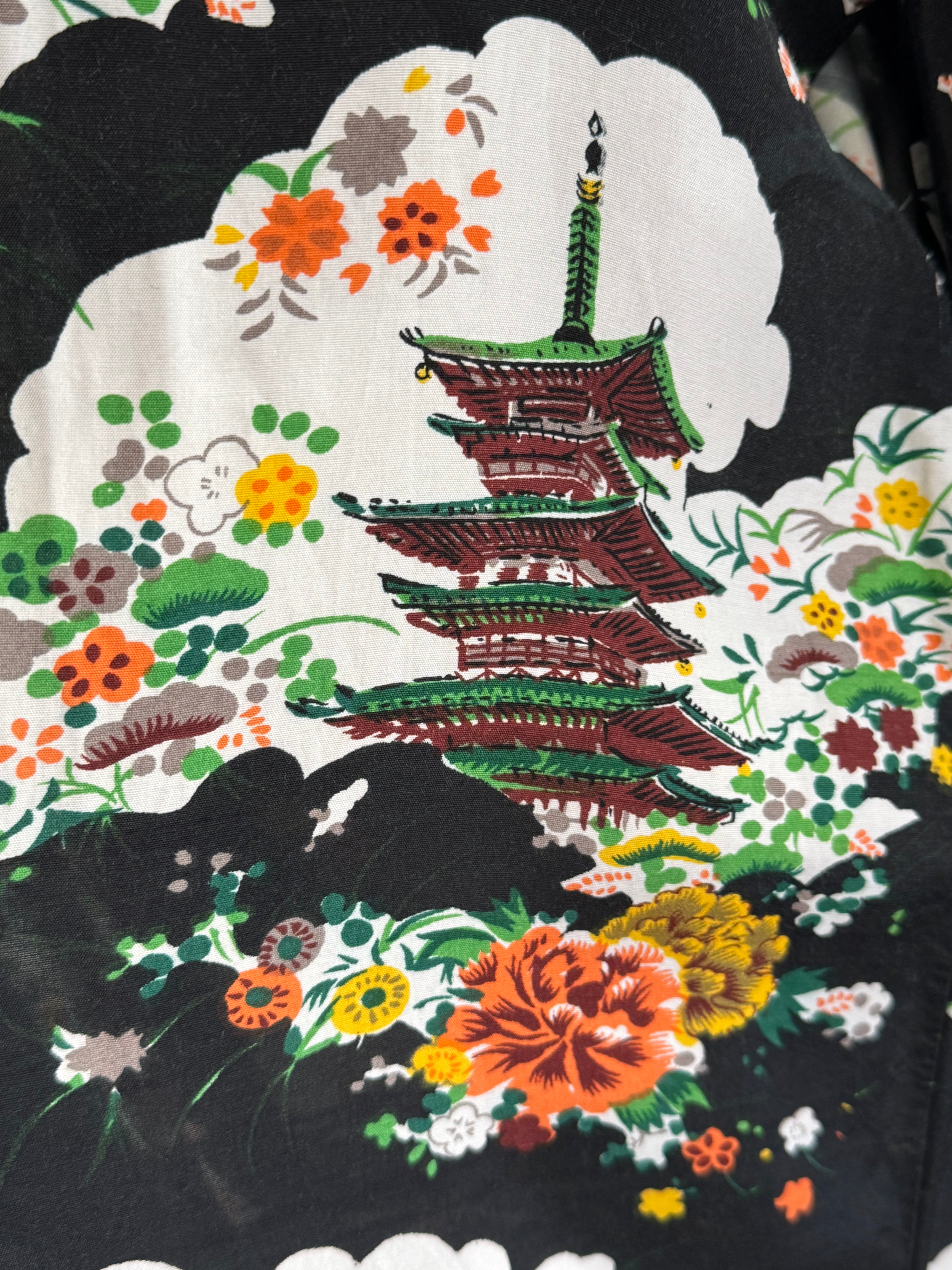 Vintage 1940's Dressing Gown Kimono Robe Floral Temple Motif on Black