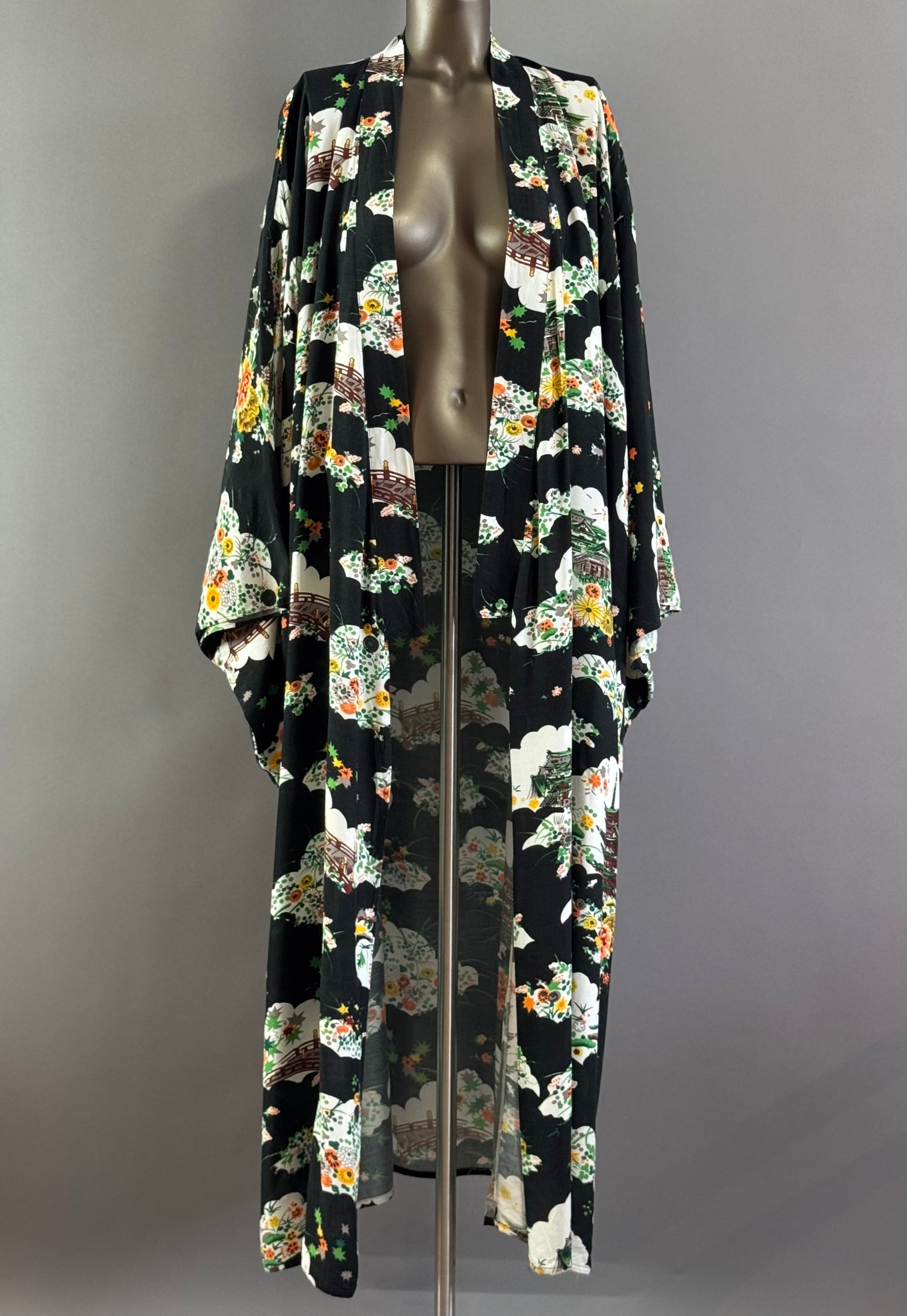 Vintage 1940's Dressing Gown Kimono Robe Floral Temple Motif on Black