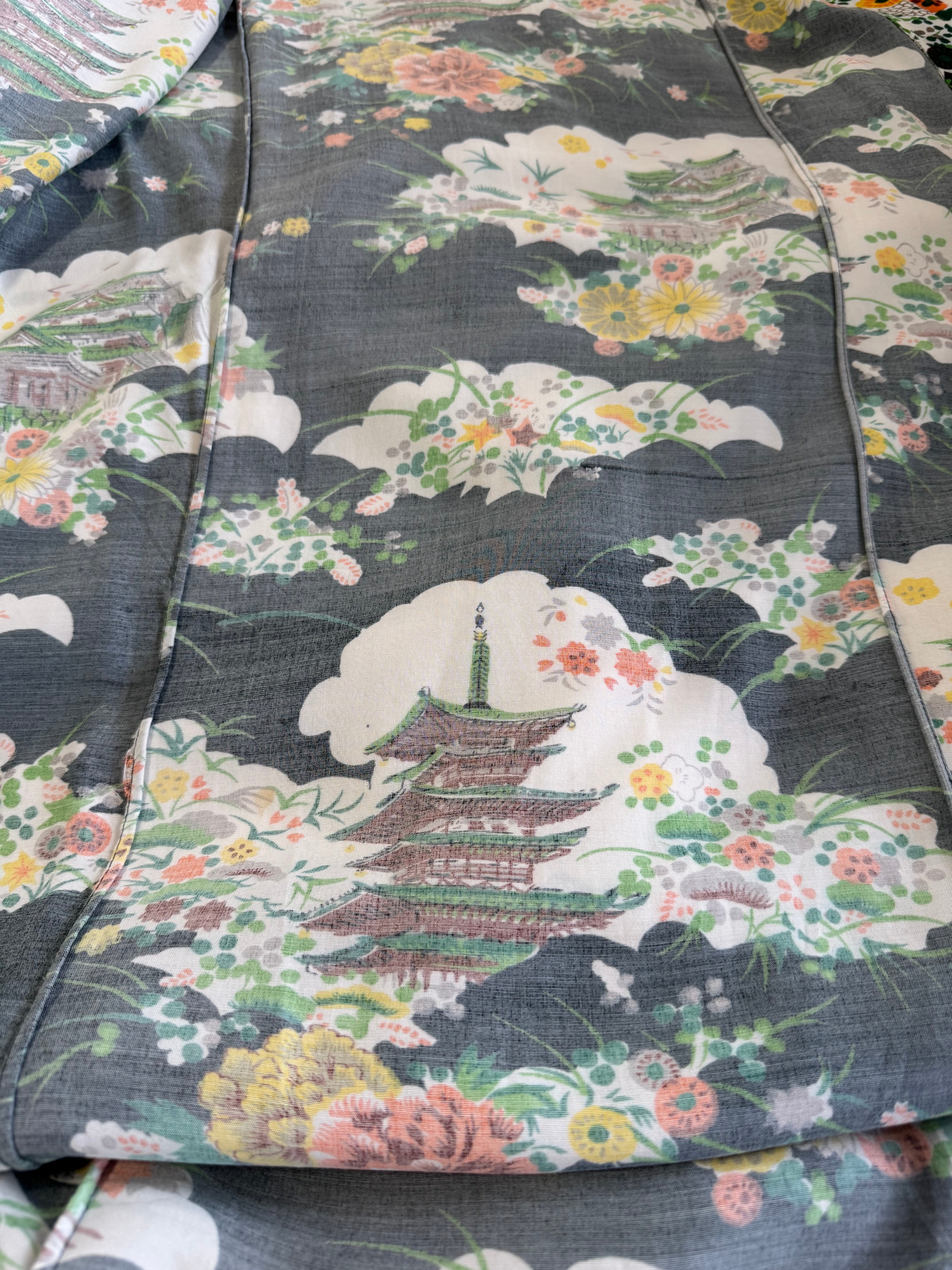 Vintage 1940's Dressing Gown Kimono Robe Floral Temple Motif on Black