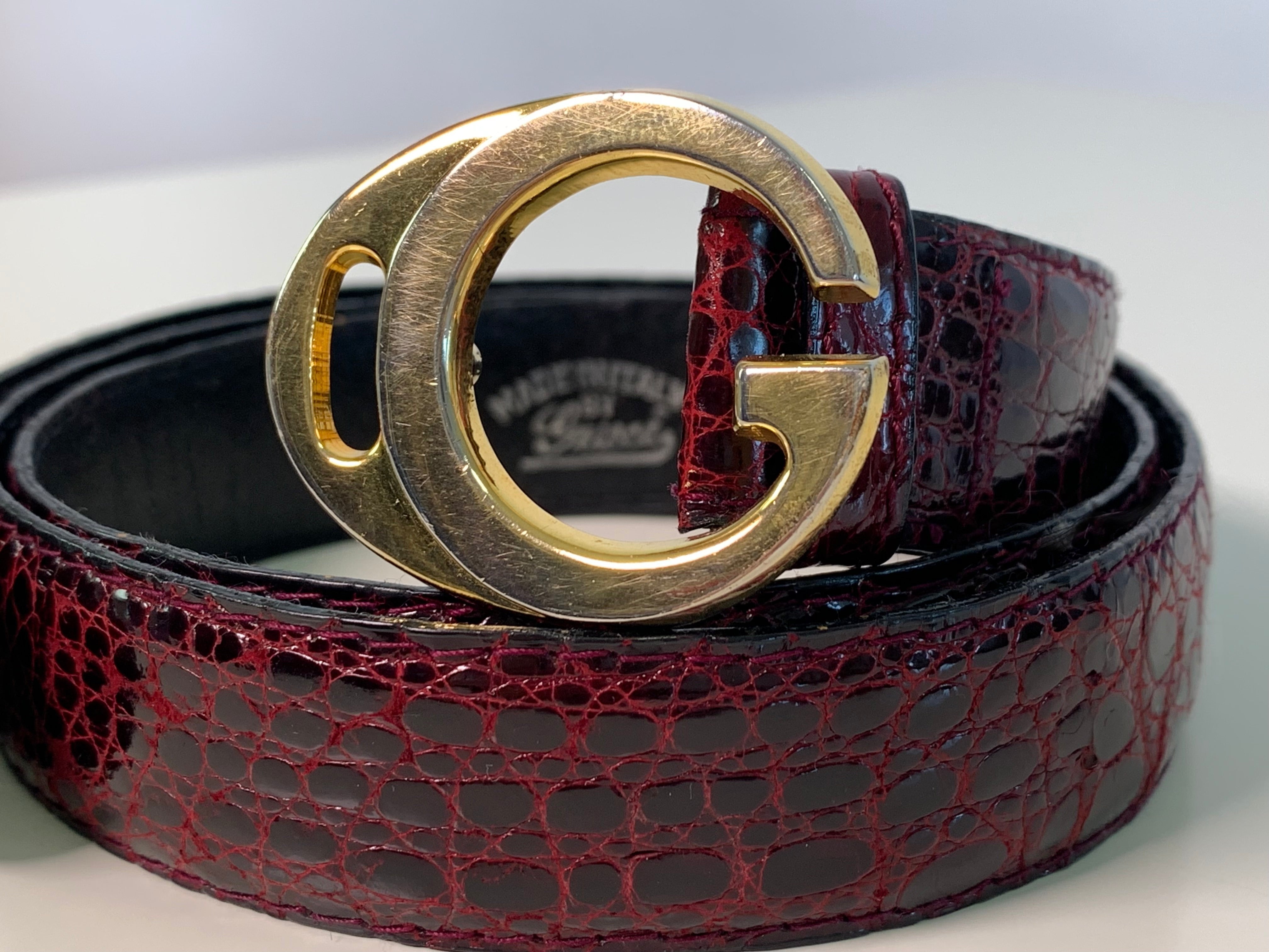 Vintage GUCCI Burgundy Caiman Gold Logo Belt