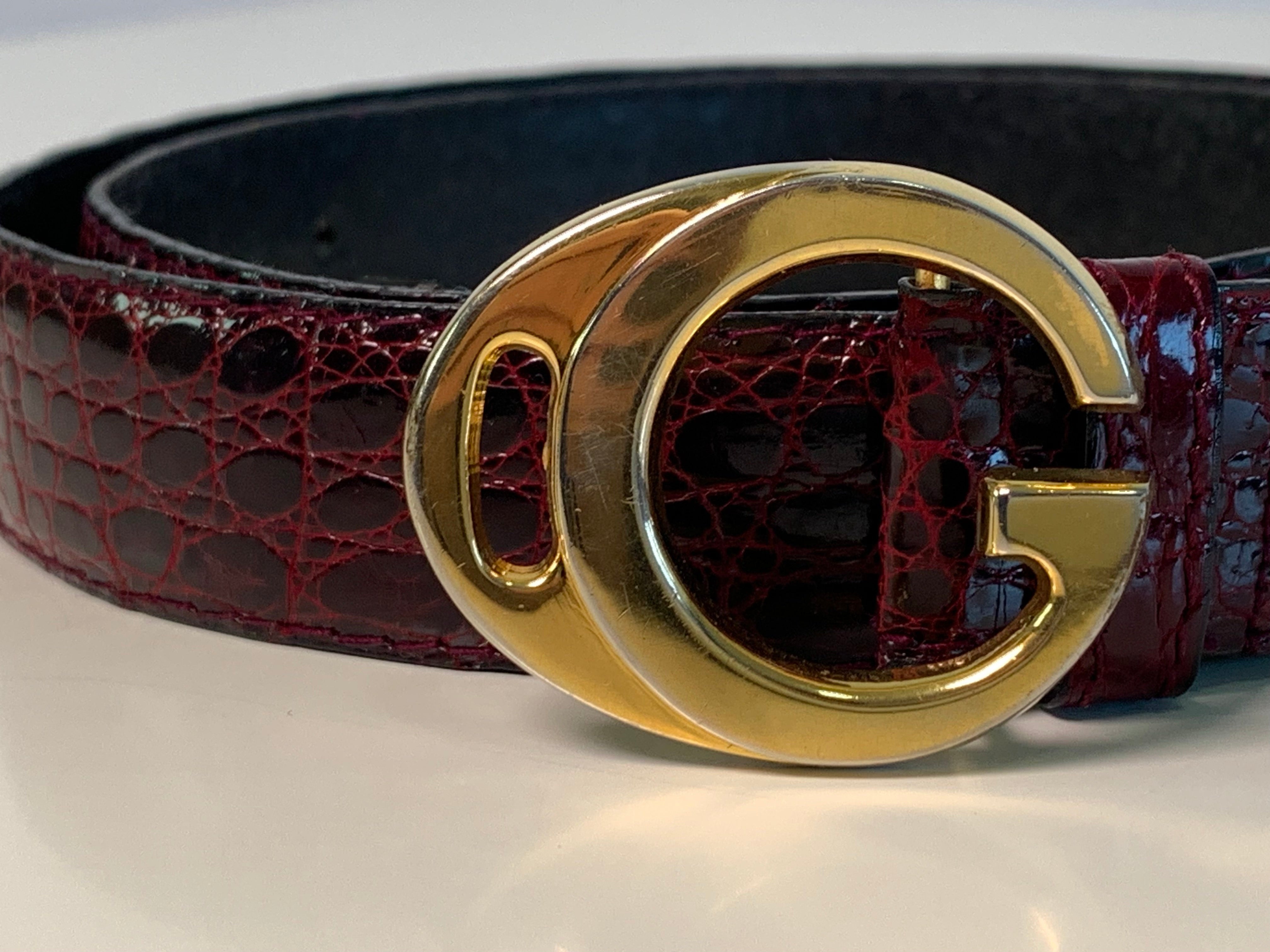 Vintage GUCCI Burgundy Caiman Gold Logo Belt