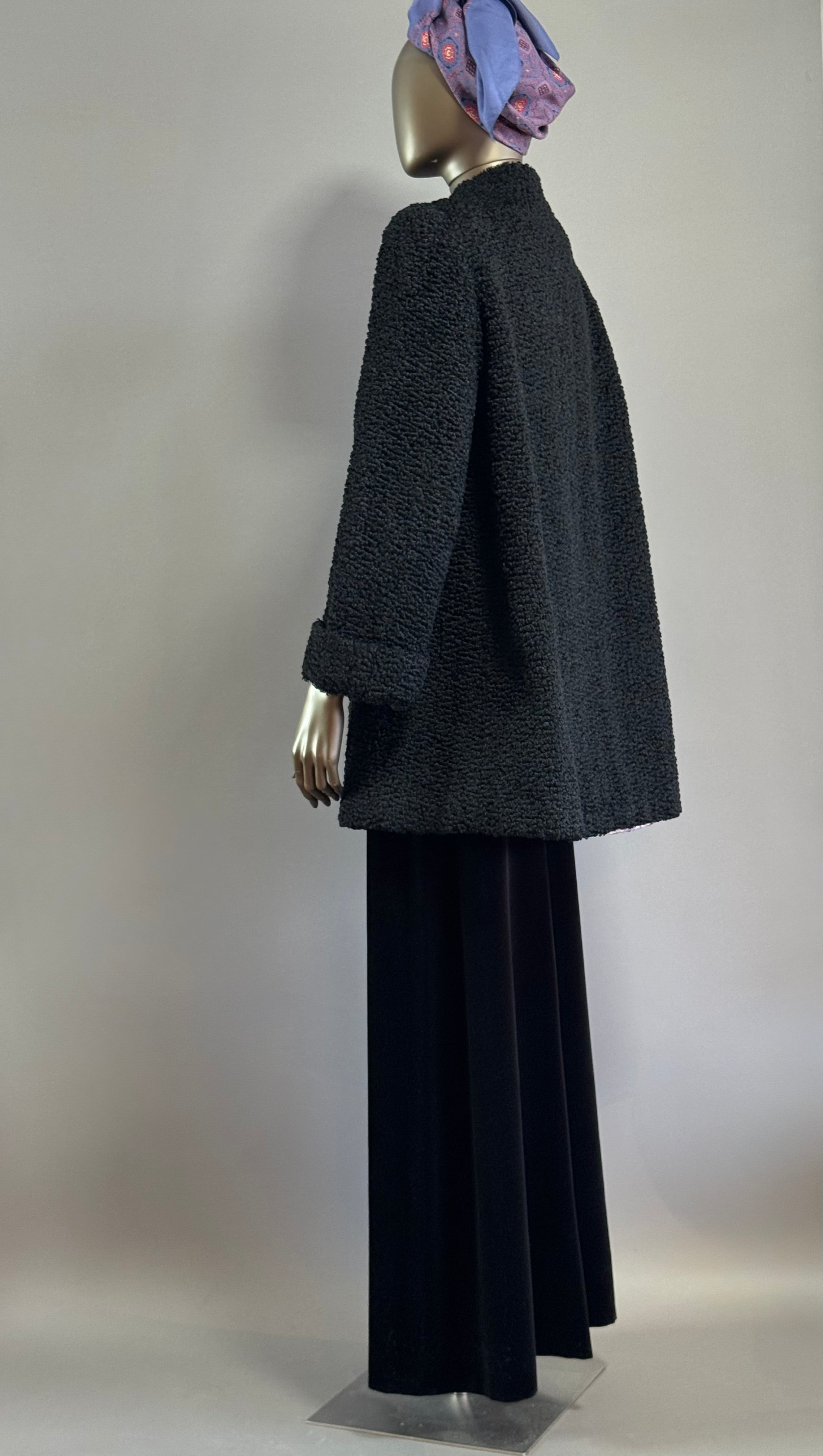 Vintage 1930's Black Wool Faux Fur Astrakhan Persian Curly Lamb Art Deco Jazz Age Jacket Coat