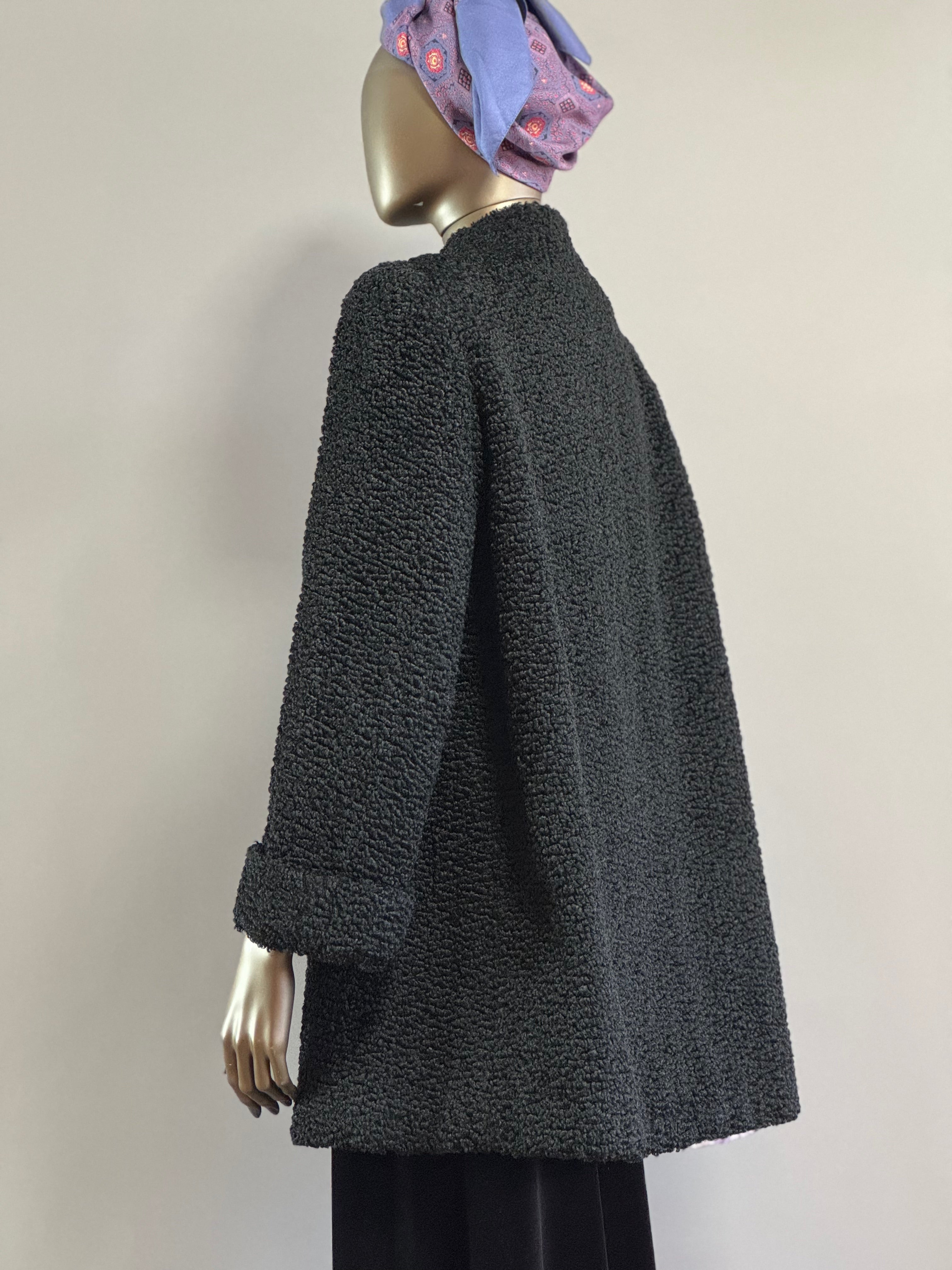 Vintage 1930's Black Wool Faux Fur Astrakhan Persian Curly Lamb Art Deco Jazz Age Jacket Coat