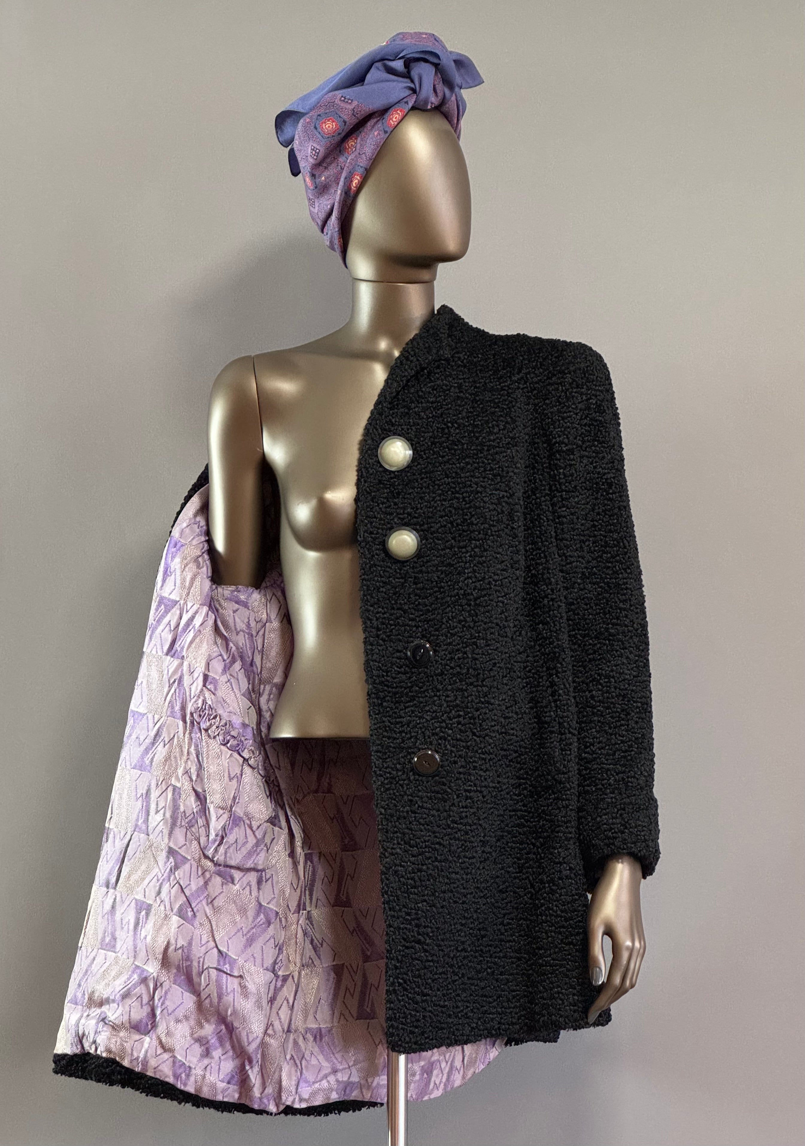 Vintage 1930's Black Wool Faux Fur Astrakhan Persian Curly Lamb Art Deco Jazz Age Jacket Coat